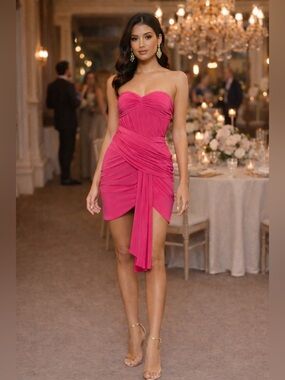 Ieena for Mac Duggal 11565 Strapless Ruched Mini Dress – Hot Pink – Size 8